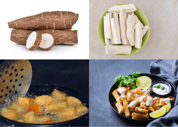 elaboracion de la receta de yuca frita con salsa de cilantro y ajo
